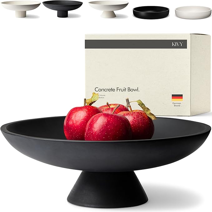 KIVY Concrete Fruit Bowl for Kitchen Counter - Large Decorative Bowl for Home Decor - Modern Key Bowl for Entryway Table - Pedestal Bowl - Fruit Basket for Home Decor - Black Fruit Bowl Decor-Ruum Studio Home