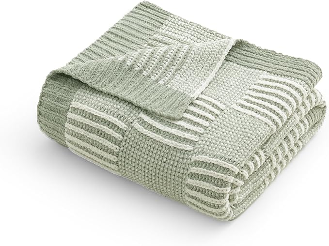 Amélie Home Chenille Knit Throw Blanket for Couch, Checkered Texture Decorative Soft Blanket for Sofa, Bed & Living Room, 50"x60", Sage Green & White-Ruum Studio Home