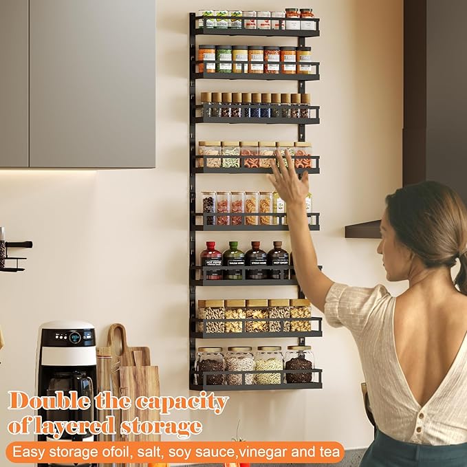 X-cosrack 8-Tier Adjustable Spice Rack – Wall-Mounted Space-Saving Organizer with Mixed Baskets, Large-Capacity Seasoning Holder for Kitchen & Pantry (Black)-Ruum Studio Home