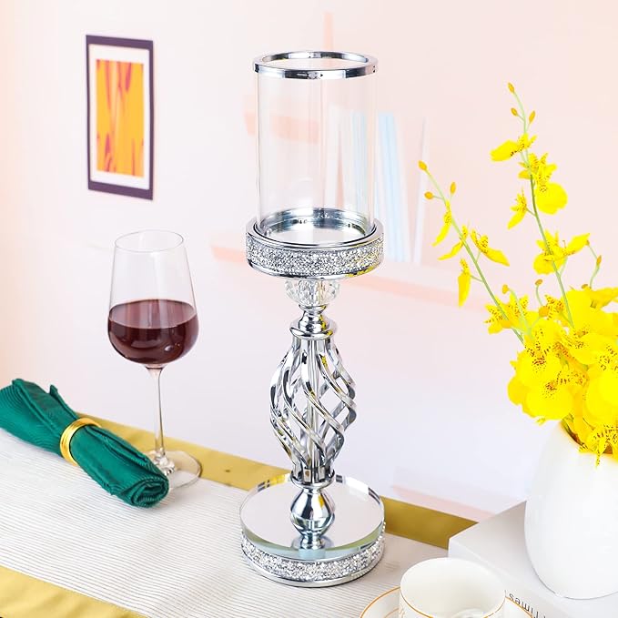 Hanjue Crystal Candle Holders for Pillar Candle, Metal Crystal Candle Holder for Home Decor, Centerpieces, Coffee Dining Table CH0509 (Silver (L))-Ruum Studio Home