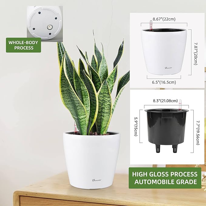 Dexceder 9x8 Inches High Gloss Self Watering Planter Indoor Outdoor, Inner Pot Design, Thickened Table Flower Plant Pot with Water Level Indicator (White)-Ruum Studio Home