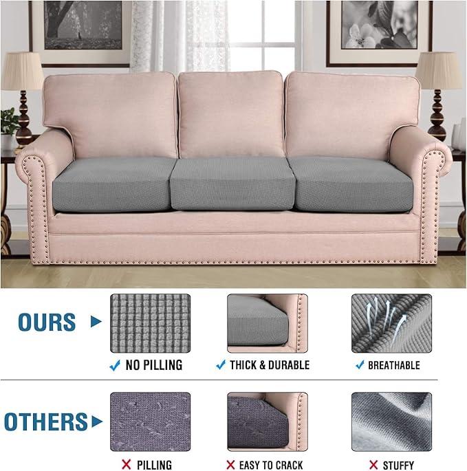 H.VERSAILTEX Super Stretch Individual Seat Cushion Covers - Sofa & Couch Cushion Slipcover Sets - Thick Jacquard Textured Twill Fabric (3 Piece XL, Dove)-Ruum Studio Home