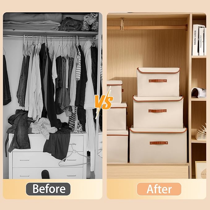 Tuza 4 Pack Large Fabric Storage Bins with Lids, Foldable Storage Boxes with Lids for Organizing, Decorative Storage Boxes with Handles for Home, Bedroom, Closet, Office(Khaki, Extra Large)-Ruum Studio Home