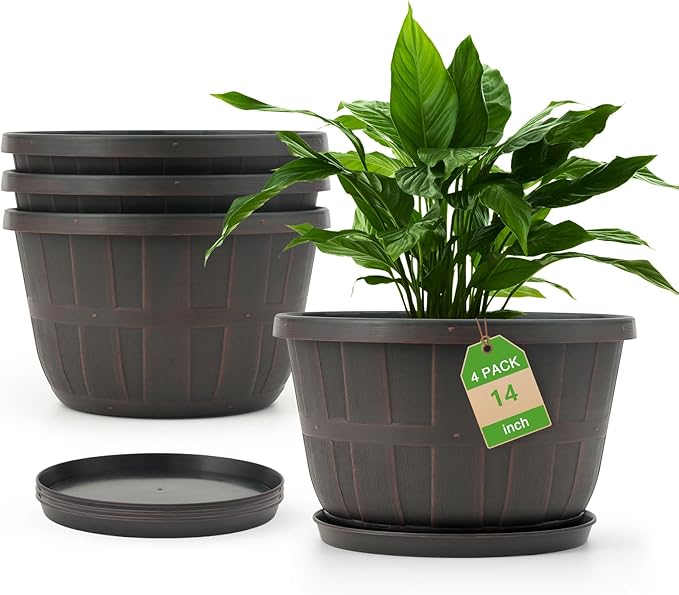 Quarut 14 Inch Plastic-Flower-Pot-for-Indoor-Plants, 4 Pack Large Outdoor Planter Pot with Drainage Holes & Saucers, Resin Decorative Garden Pots Planters（Brown）-Ruum Studio Home