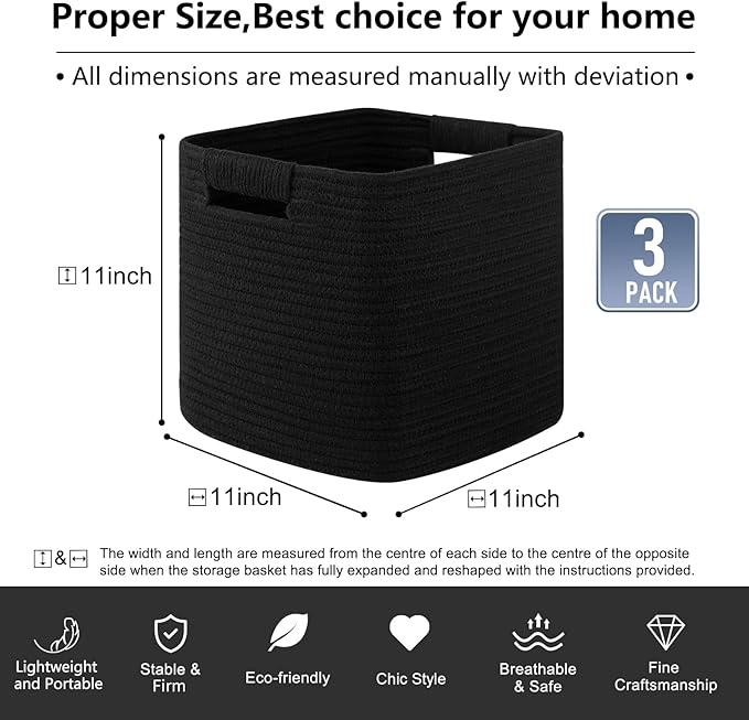 OIAHOMY Storage Cubes 11 Inch Storage Bins-3-Pack, Cotton Rope Woven Baskets for Organizing, Square Storage Baskets for Shelves Organizer, Classroom, Kids Toy Bins, Closet, Baby Nursery-Black-Ruum Studio Home
