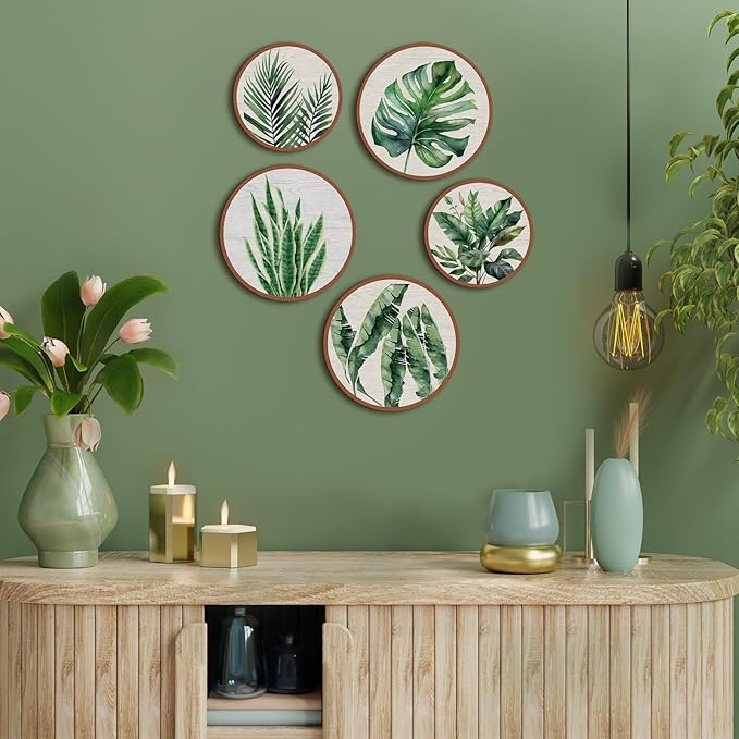 Qunclay 5 Pcs Wall Art Decor Wooden Living Room Wall Decor Bohemian Hanging Farmhouse Geometric 10'' and 8'' Aesthetic Wood Minimalist Posters for Bedroom(Leaves)-Ruum Studio Home
