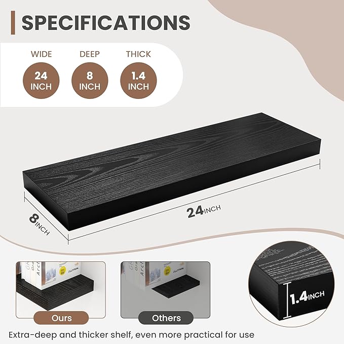 24 Inch Floating Shelves, 8 Inch Deep Floating Shelves for Wall, Hanging Shelf with Invisible Brackets, Deep Shelves for Bathroom, Bedroom, Living Room, Black, Set of 2-Ruum Studio Home