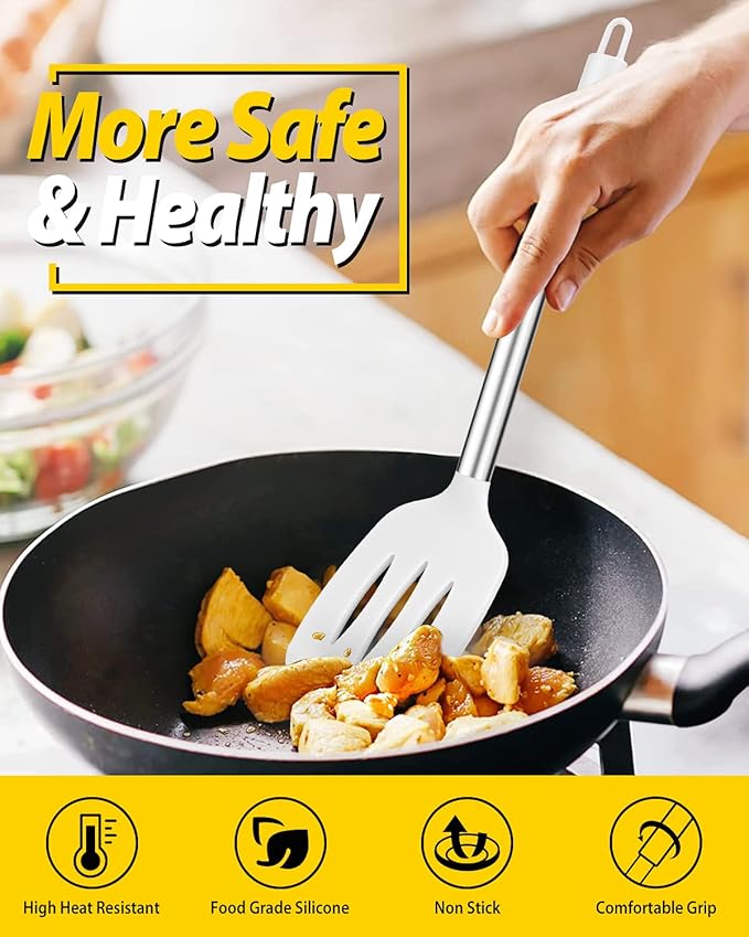 Pack of 2 Silicone Solid Turner, Non Stick Slotted Kitchen Spatulas, High Heat Resistant BPA Free Cooking Utensils, Ideal Cookware for Fish, Eggs, Pancakes(White)-Ruum Studio Home