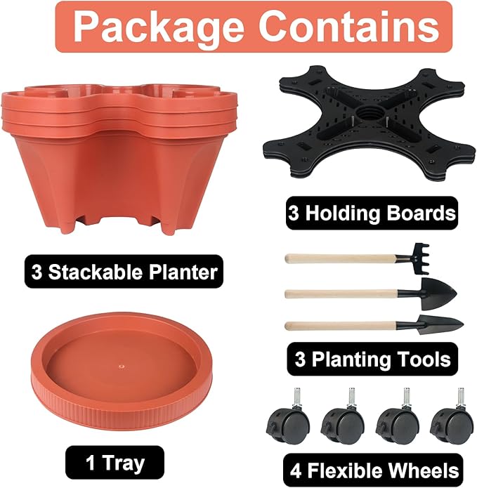 Vertical Planter 3 Tier Stackable Planters Garden Planters Strawberry Herb Flower and Vegetable Planter Indoor Outdoor Gardening Pots with Removable Wheels and Tools-Ruum Studio Home