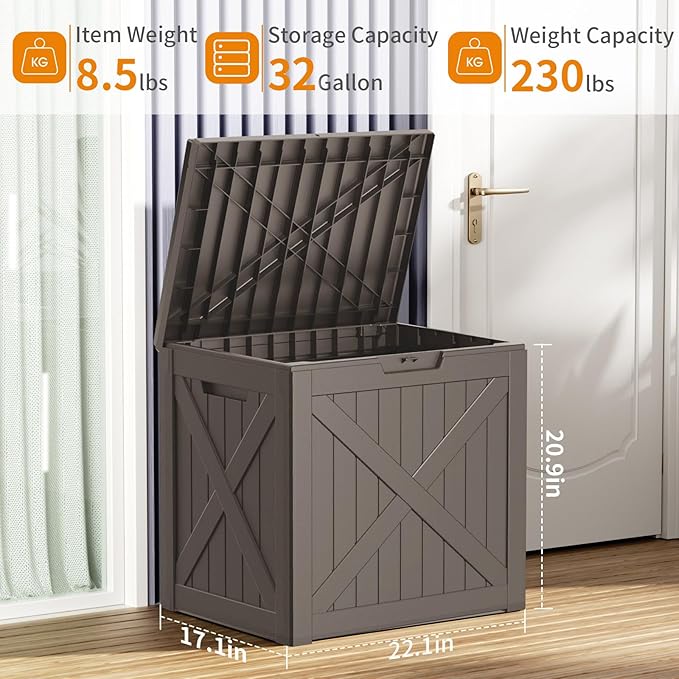 38 Gallon Outdoor Deck Box,Storage Lockable Waterproof Patio Furniture,Garden Tools,Cushions,Pool Accessories Outside Storage Resin Box(GreyX)-Ruum Studio Home
