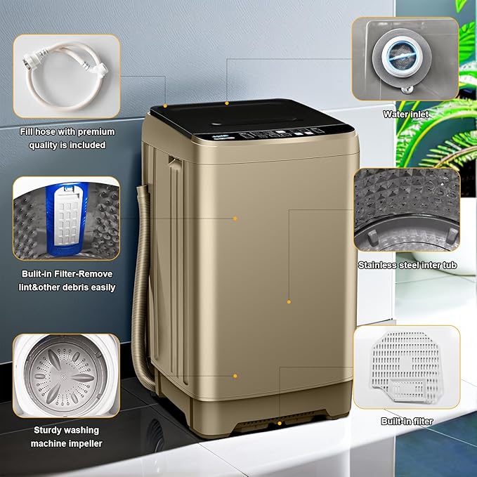 Portable Washing Machine 2.3 Cu. Ft. Full-Automatic Compact Washer Machine for Apartment, 10 Wash Program Small Portable Washer for Dorm, Apartment, RV, Home, Golden-Ruum Studio Home