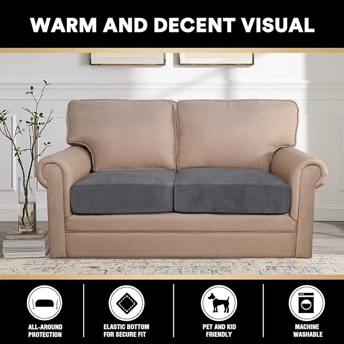 PrinceDeco Velvet Couch Cushion Cover Soft Stretch Cushion Slipcover for Chair Loveseat Sofa Cushion Furniture Protector Seat Cushion Sofa Cover (2 Piece Large Sofa Cushion Covers, Grey)-Ruum Studio Home