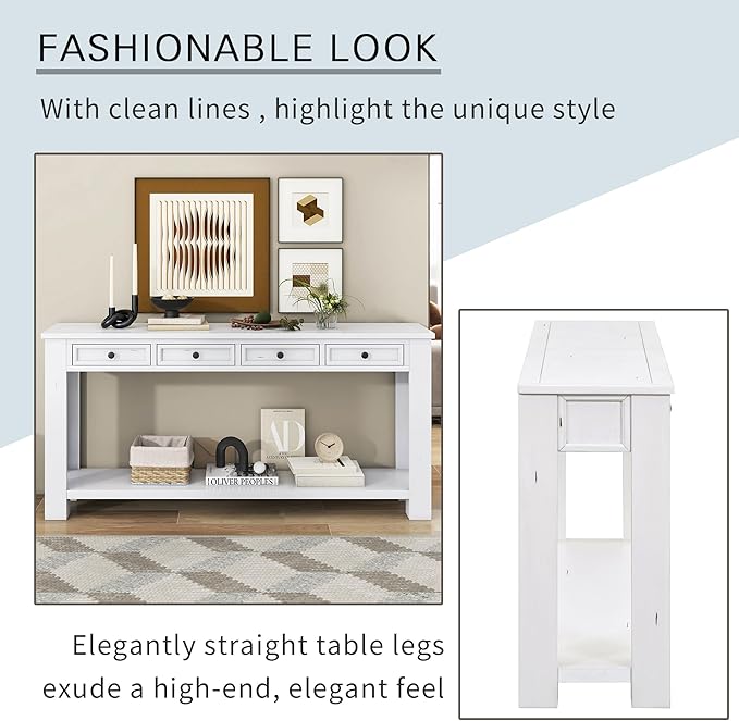 White Console Table,Solid Wood Sofa Table with 4 Drawers Hallway Table for Storage Entry Foyer Behind Couch Table,Fully Assembled (63" White)-Ruum Studio Home