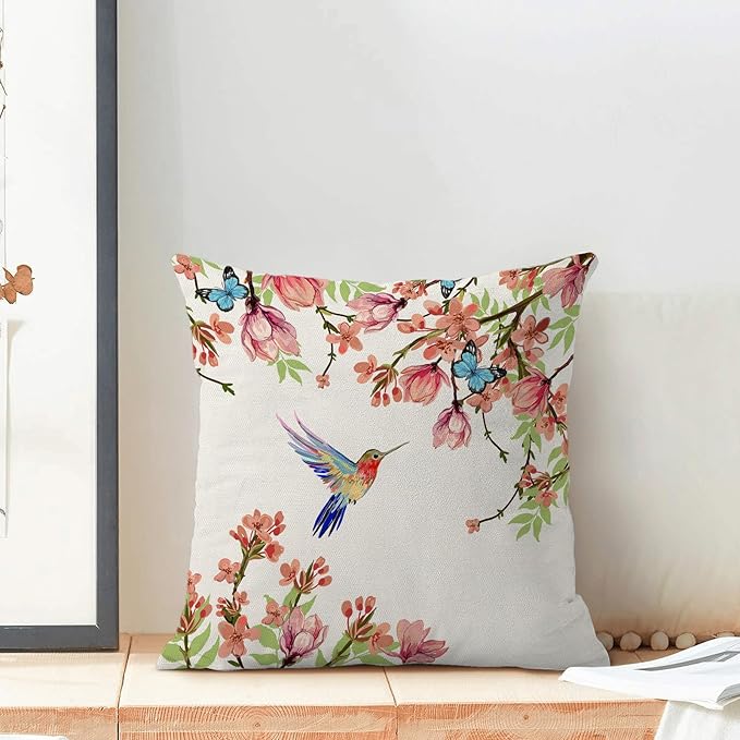 Hummingbird Flower Pillow Covers 20 x 20 Inch Set of 2 for Watercolor Floral and Birds Spring Blooming Decor Throw Pillows Nature Plant Outdoor Decorative Cushion Cases for Couch Bed Decoration-Ruum Studio Home