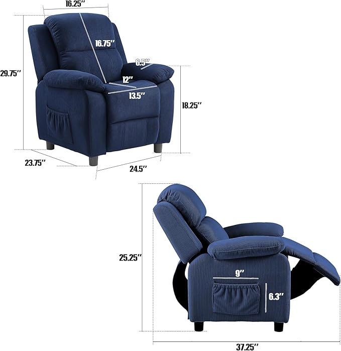 Ulax furniture Corduroy Kids Recliner Chair, Toddler Armrest Sofa Couch, Ergonomic Adjustable Lounge Sofa with Footrest, Padded Backrest, Storage Arms, Navy Recliner for Girls and Boys-Ruum Studio Home