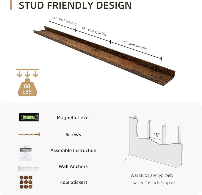 Picture Ledge Shelf, Wood Long Floating Shelves for Wall, Set of 2, 56 inch Picture Ledge Shelves, Photo Ledge Nursery Book Shelves Wall Mounted for Living Room Kids' Room Bedroom, Color Brown-Ruum Studio Home
