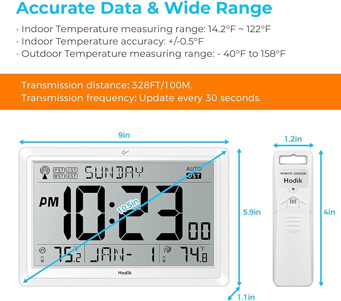 Wall Clock Atomic with Indoor Outdoor Temperature Battery Powered, Easy Reading with 10.5 Inch Large LCD Display, 330FT Range Table Wall Clock with DST, 12/24 Hour for Living Room Kitchen (White)-Ruum Studio Home