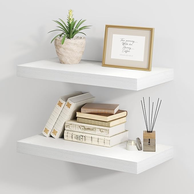 Fun Memories White Floating Shelves 16 Inch Long, 8 Deep Floating Shelf Wall Mounted, 16 x 8 Inch Wooden Bathroom Shelves, Deep Storage Shelves for Living Room, Kitchen, Set of 2-Ruum Studio Home
