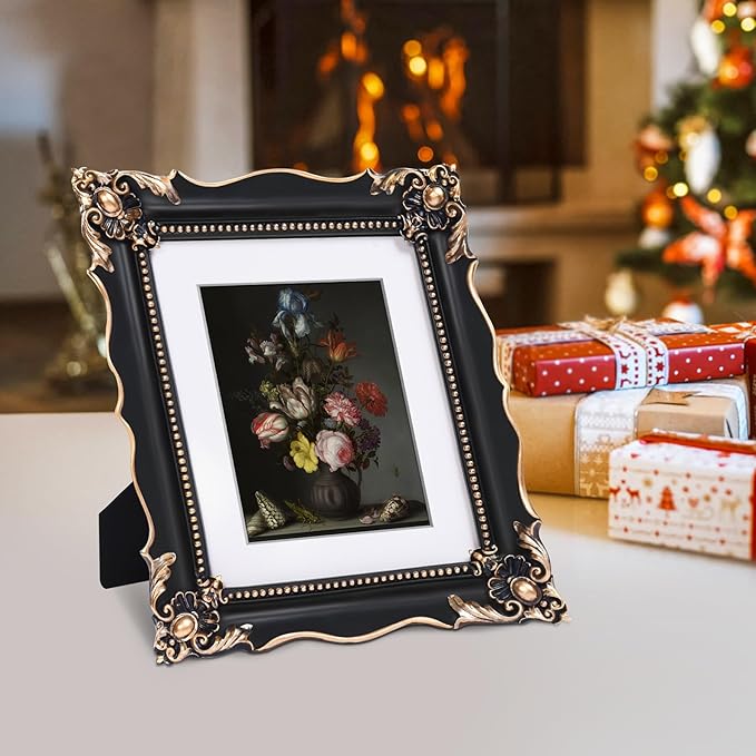 8x10 Vintage Picture Frame with Embossed Flower Design, Black Ornate Frame for 8x10 or 5x7 Pictures with White Mat, Hand-Crafted Resin Antique Frames for Tabletop & Wall Hanging, Home Decor (Black)-Ruum Studio Home