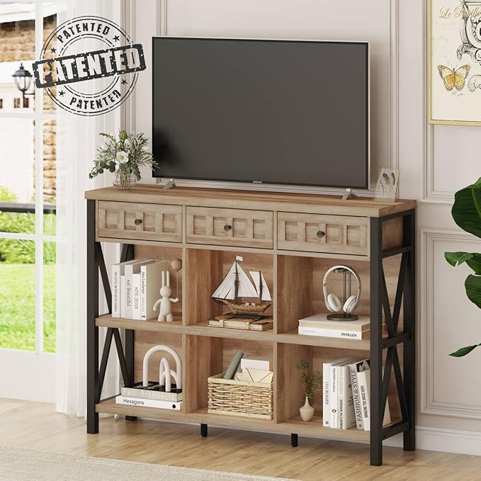 FATORRI Rustic 6 Cube Storage Organizer Shelf with 3 Drawers, Long Horizontal Bookshelf, Industrial Wood and Metal Cubby Bookcase for Living Room (Rustic Oak, 47 Inch)-Ruum Studio Home