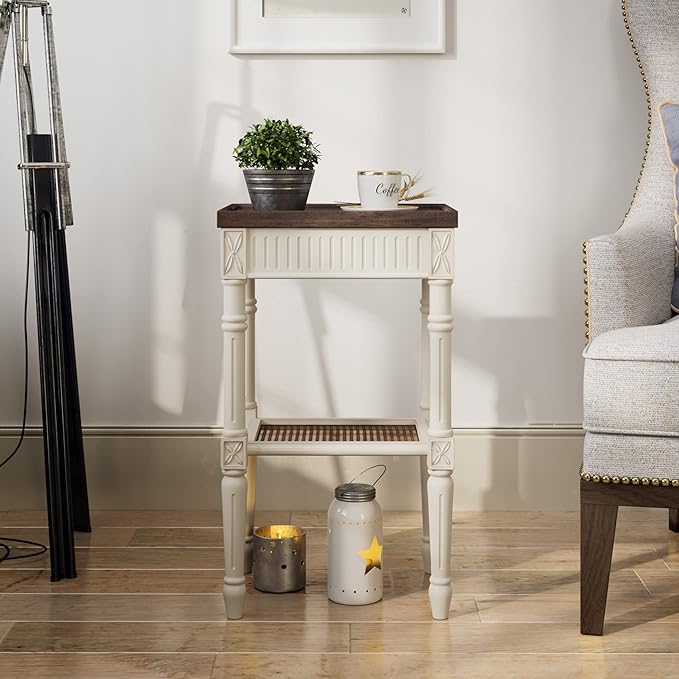 Rustic Farmhouse Cottagecore Accent End Table Set of 2, Distressed Accent Side Table with Espresso Tray Top and Woven Wicker Shelf, Boho, French Country Decor, Square, Weathered Brown & White-Ruum Studio Home