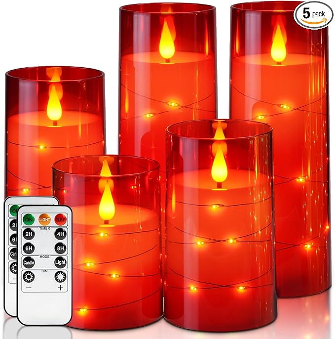 Homemory Acrylic Flameless Candles with Embedded Star String Fairy Lights, Battery Operated Candle, LED Candles, Fake Candles with Remote Control and Timer, Red, Set of 5(H4 5" 6" 8" 8")-Ruum Studio Home