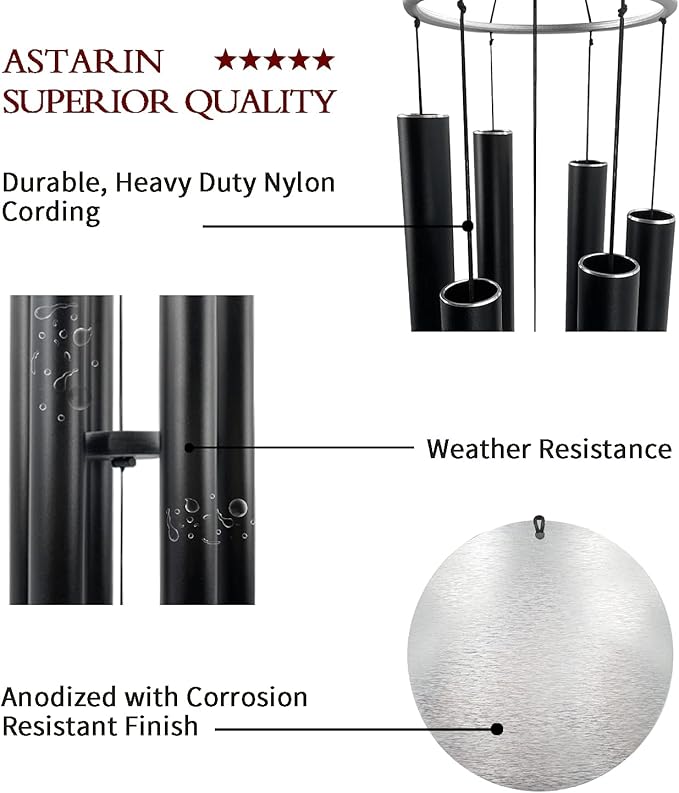 ASTARIN Outdoor Deep Tone,45Inch Sympathy Wind Chimes for Outside with 6 Tubes Tuned Relaxing Melody,Memorial Wind Chimes Large for Mom,Garden Decor,Black-Ruum Studio Home