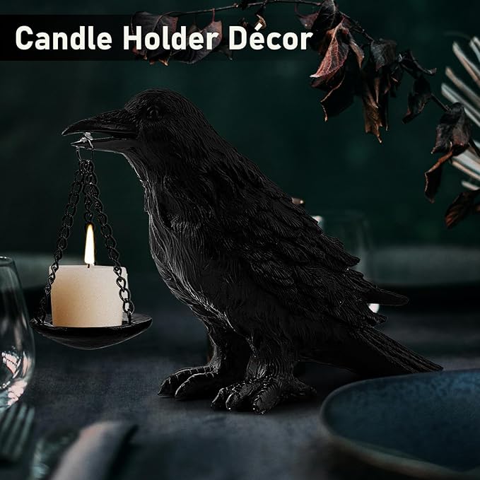 Gothic Home Decor Fake Crow Light Holder Halloween Decorations Indoor Raven Lamp Tealight Candle Holder Resin Statue Black-Ruum Studio Home