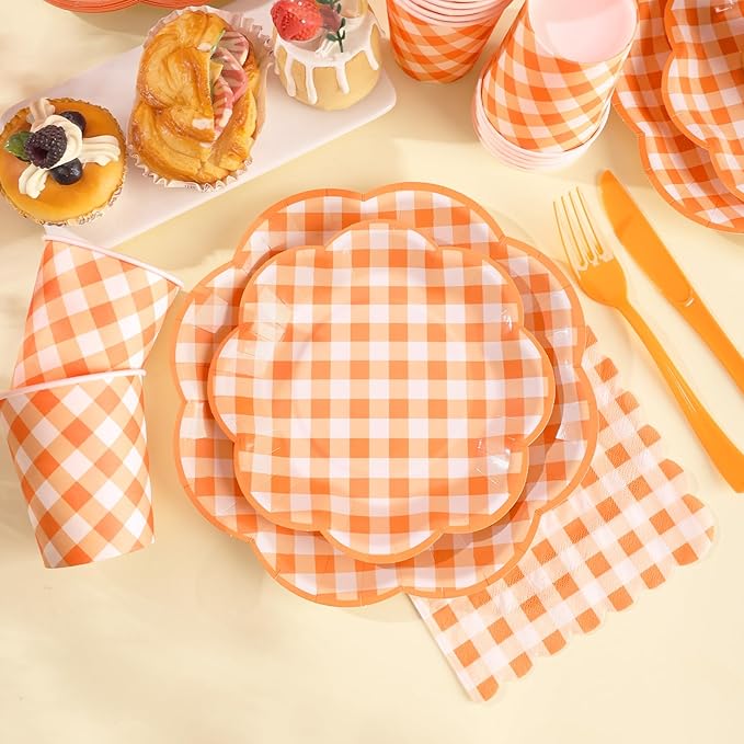 350 Pcs Orange and White Gingham Party Supplies - Orange Gingham Paper Plates and Napkins Sets Serve 50 - Scalloped Checkered Plates for Birthday Picnic Fall Halloween Thanksgivng Party Decorations-Ruum Studio Home
