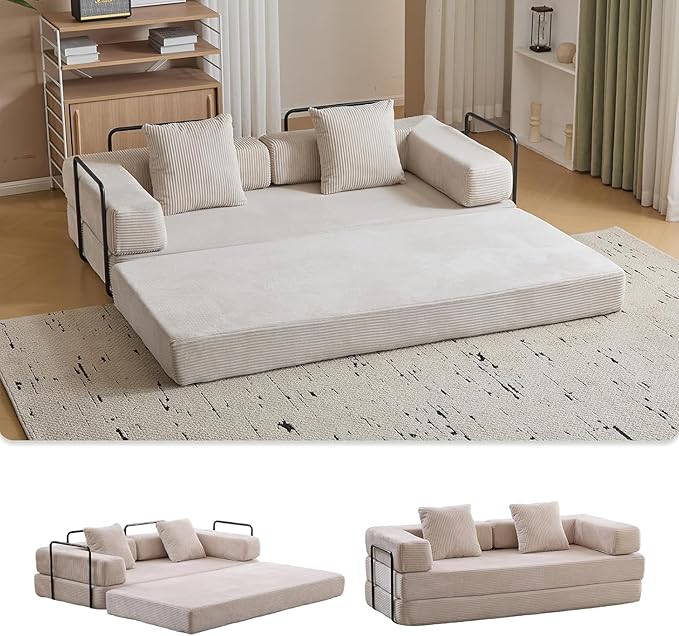 Convertible Sleeper Sofa Bed, Compression Folding Sofa with Pillow, No Assembly Required, Shape Frame, Floor Sofas Lounge Couch for Living Room, Bedroom, Small Spaces(Corduroy, 77''W, Off-white)-Ruum Studio Home