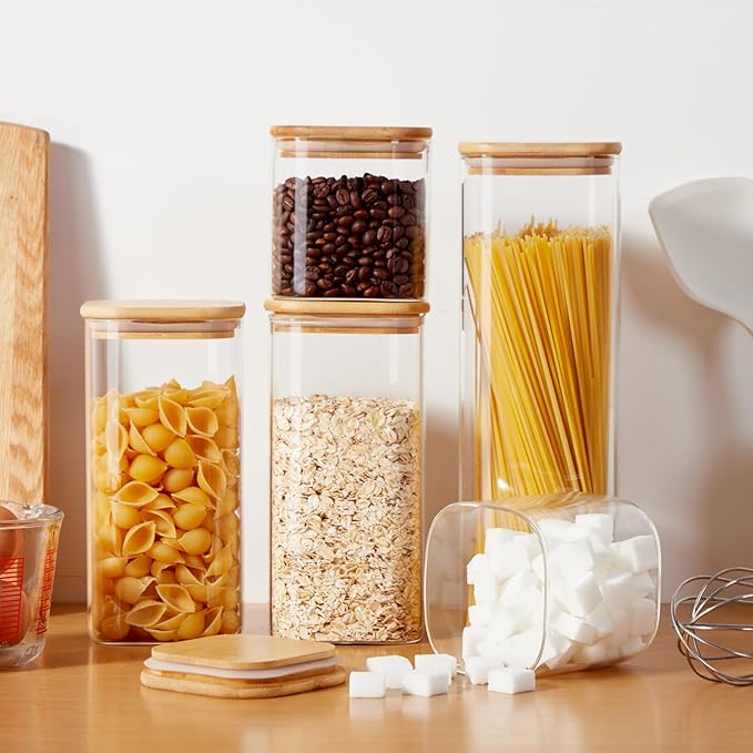 Square Glass Food Storage Jars with Lids[Set of 5], Perfect for Pasta, Cookies, Nuts, Coffee, Cereal, Flour,Organize Your Kitchen and Pantry with these BPA-Free Glass Jars with Canisters-Ruum Studio Home