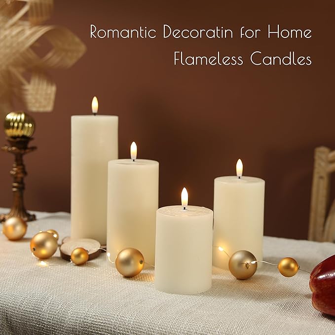 LUSHABOR Flameless Candles, 4 Pack Battery Operated Candles with Remote, Real Wax LED Fake Candles with Timer Flickering for Christmas Wedding Home Party D3 H 5" 6" 7" 9" Ivory-Ruum Studio Home