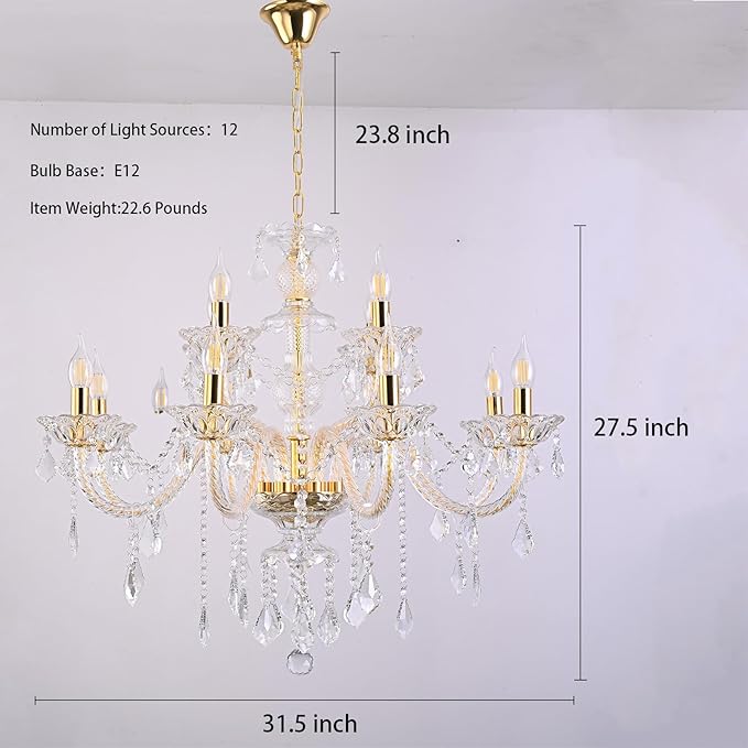 Contemporary Crystal Chandelier 12 Lights Clear Crystal Ceiling Lights for Living Room，E12 Base Double Layered Pendant Light Fixture for Dining Room Staircase, Hallway-Ruum Studio Home