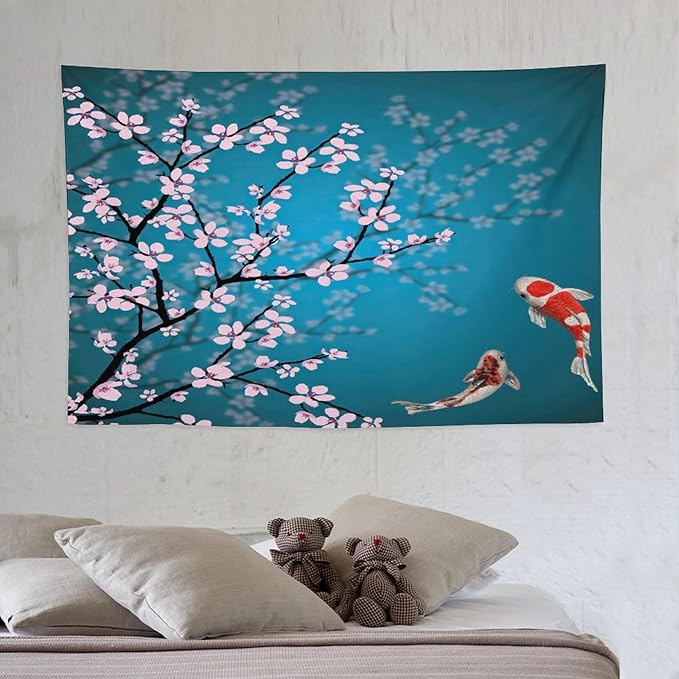 Houselerax Japanese Koi Fish Tapestry, Cherry Blossoms Asian Oriental Green Teal Flower Branch Koi Fish Carp Tapestries Wall Hanging for Bedroom Living Room Office Decor 60"x40"-Ruum Studio Home