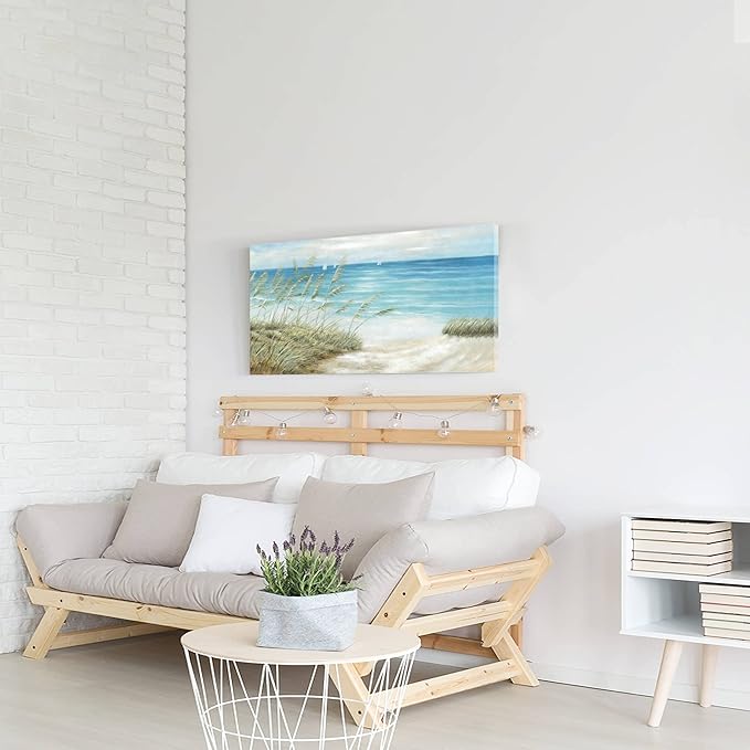 Beach Sea Canvas Wall Art: Coastal Reed Hand Painting Abstract Blue Ocean Sailboat Nautical Picture Modern Seascape Grass Path Artwork Decor for Living Room Bathroom Bedroom-Ruum Studio Home