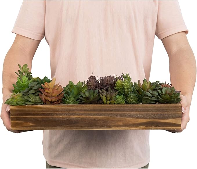 MyGift Artificial Succulent Centerpiece, 15.75 Inch Faux Succulents Arrangement Plants in Rustic Burnt Wood Rectangular Planter Box-Ruum Studio Home