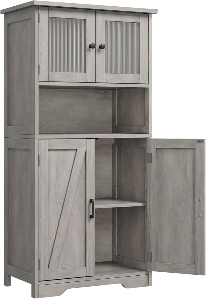 GarveeHome 54in Tall Bathroom Cabinet, Farmhouse Storage Cabinet with Glass Doors and Adjustable Shelves, Freestanding Kitchen Pantry Cabinets, Cupboard for Living Room, Dining Room, Gray-Ruum Studio Home