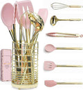 Gold and Pink Kitchen Utensil Set with Holder - 7-Piece Cooking Tools with Gold Whisk, Ladle, Tongs, Turner, Spatula, and Spoon - Stylish Pink Kitchen Accessories for Modern Cooking & Serving-Ruum Studio Home