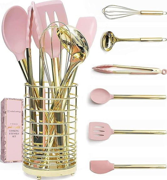 Gold and Pink Kitchen Utensil Set with Holder - 7-Piece Cooking Tools with Gold Whisk, Ladle, Tongs, Turner, Spatula, and Spoon - Stylish Pink Kitchen Accessories for Modern Cooking & Serving-Ruum Studio Home