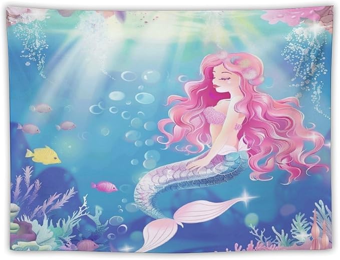 HZOHNAGO Mermaid Girls Tapestry Watercolor Mermaid Princess Pink Hair Pattern for Kids Room Decoration Printed Wall Tapestry Wall Hanging for Bedroom Living Room Dorm 40" W x 30" H-Ruum Studio Home