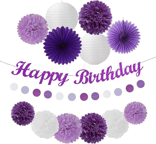 Purple White Birthday Party-Decorations Paper-Flowers - 14pcs Happy Banner Lavender Lanterns Tissue Pom Poms,Lilac Streamers Garland Fans,Women Girls Adult Kids Office Hanging Supplies Decor Hugfond-Ruum Studio Home