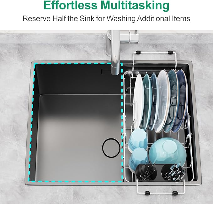 GSlife Expandable in Sink Dish Drying Rack Small with Silicone Mat - Stainless Steel Capacity Adjustable Over The Sink Dish Rack with Utensil Holder for Counter or Inside Sink (12.4" -16.8"), Silver-Ruum Studio Home