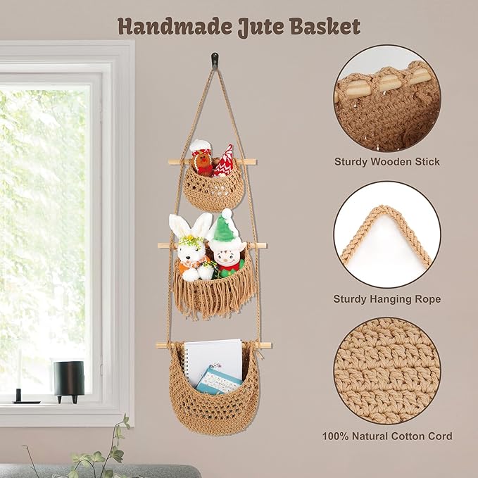 3 Tier Hanging Fruit Basket for Kitchen, Handmade Woven Cotton Hanging Wall Basket for Fruit Vegetable with 6 Hooks, Boho Style Over The Door Organizer for Living Bathroom Bedroom-Ruum Studio Home