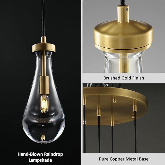 Gold 5 Light Cluster Pendant Lighting, Raindrop Chandeliers Brass Dining Room Lights Fixture, Teardrop Pendant Lights Kitchen Island, Hanging Lamp Ceiling for Entryway Foyer Staircase-Ruum Studio Home
