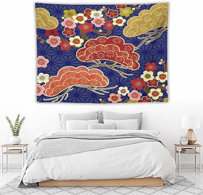 HZOHNAGO Japanese Tapestry Art Abstract Colorful Cherry Blossom Blue Background Pattern Printed Wall Tapestry Painting Wall Hanging for Bedroom Living Room Dorm 80" W x 60" H-Ruum Studio Home