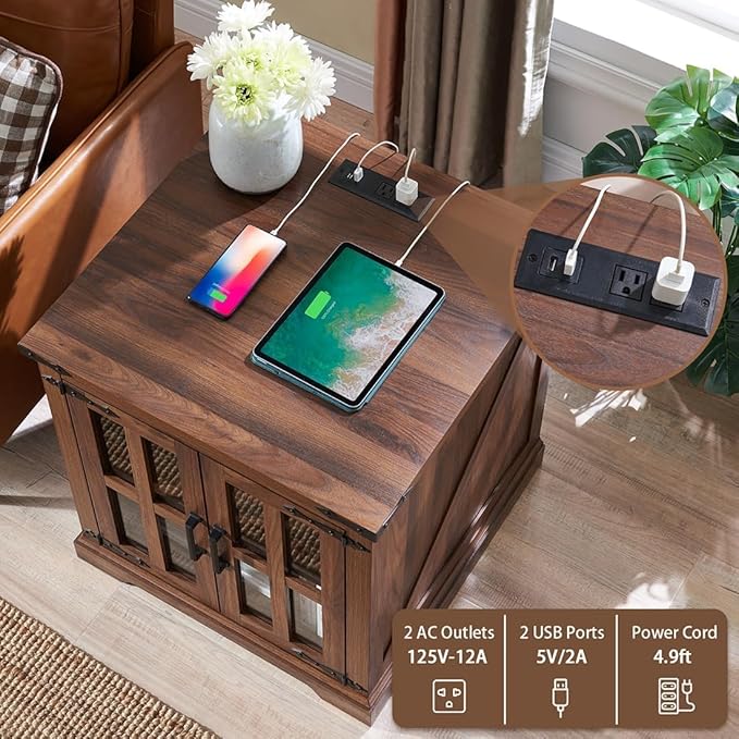 Farmhouse End Table with Charging Station,24" Large Sofa Side Table with Glass Barn Door, Rustic Wood Nightstand Bedside Table with Adjustable Storage Shelf for Living Room, Bedroom, Walnut-Ruum Studio Home