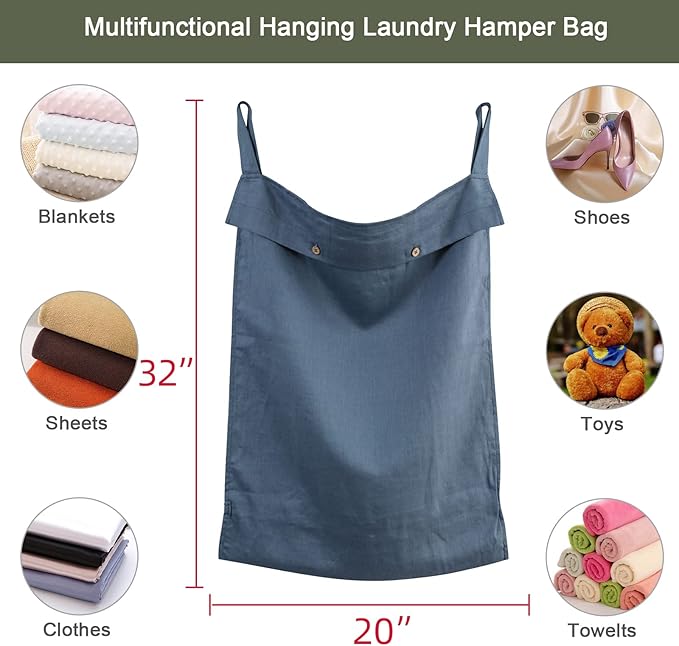 Linen Hanging Laundry Bag, 100% Linen Over The Door Laundry Hamper with Buttons and Zipper, Space Saving Door Hampers for Laundry Dirty Clothes Home Travel, Navy Blue-Ruum Studio Home