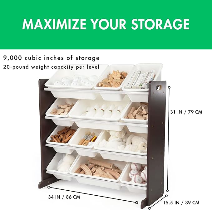 Humble Crew Kids Toy Storage Organizer with 12 Plastic Bins, Espresso/White – Removable Bins for Playroom, Bedroom, Toddler Furniture for Boys and Girls Ages-Ruum Studio Home