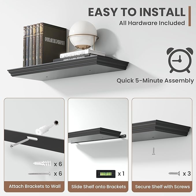 Floating Shelves for Wall, 24 Inch Long Wall Mounted Black Hanging Shelf for Kitchen, Living Room, Office, Bedroom, Bathroom, Retro Vintage Wood Bookshelf for House Decor-Ruum Studio Home