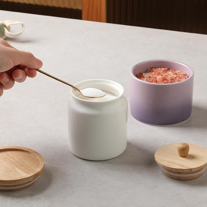 Sweejar Ceramic Kitchen Canisters, Porcelain Food Storage Jar with Airtight Seal Wooden Lid, Home Container Serving for Coffee Beans, Tea-leave, Sugar, Salt and More (White, XS(6.8 FLOZ))-Ruum Studio Home